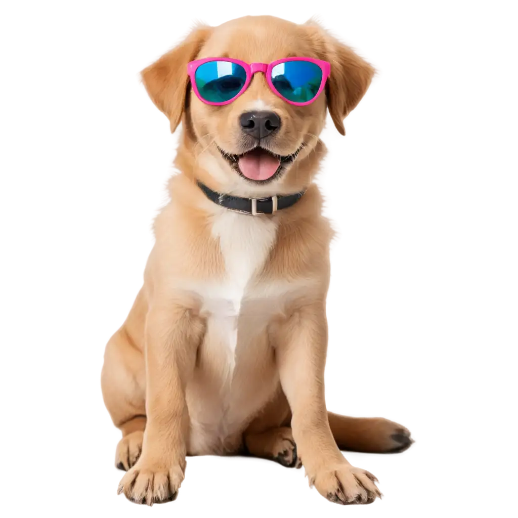 A playful puppy lounging with colorful sunglasses