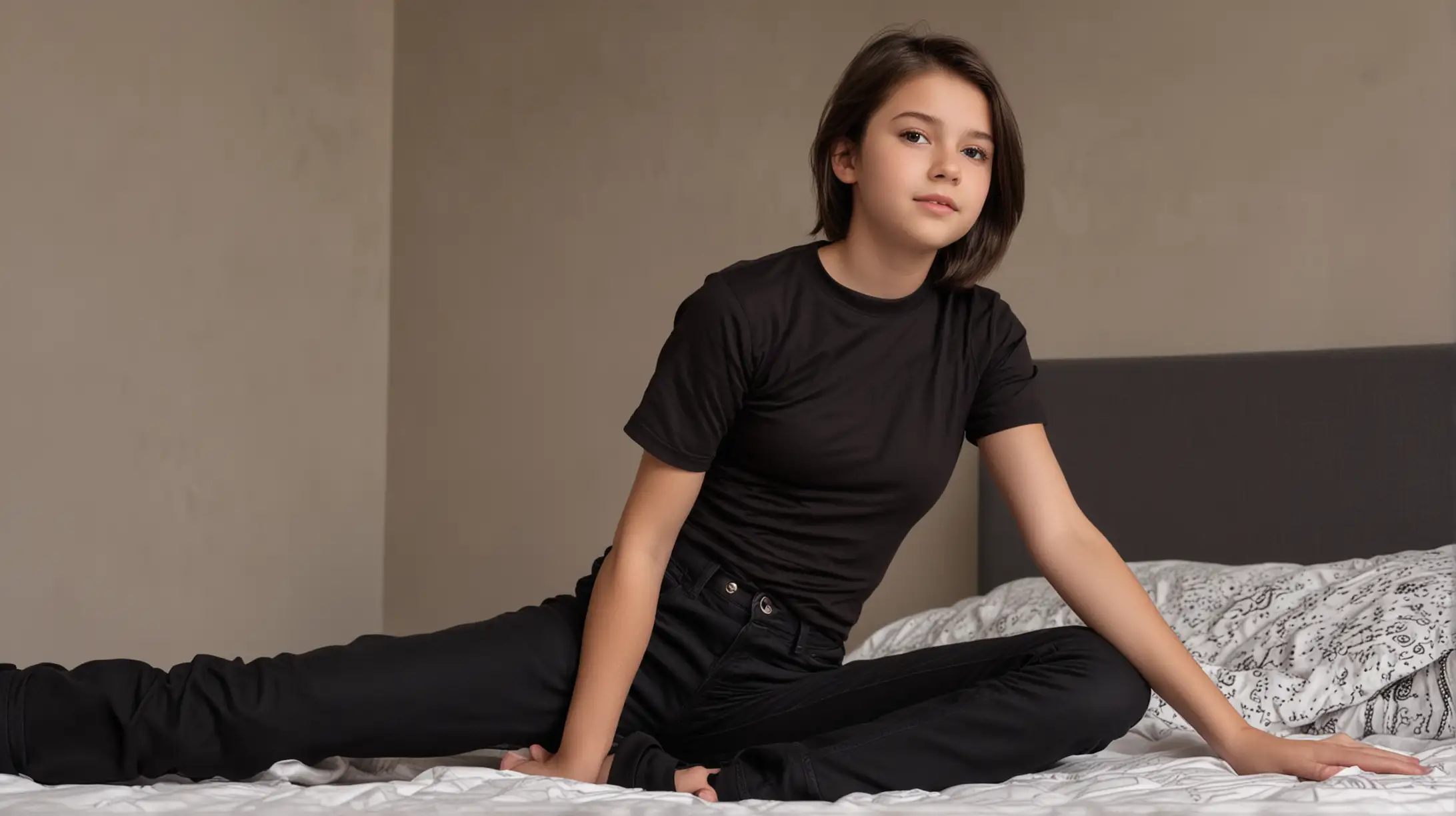 Teenage Girl Resting on Bed in Stylish Black Outfit