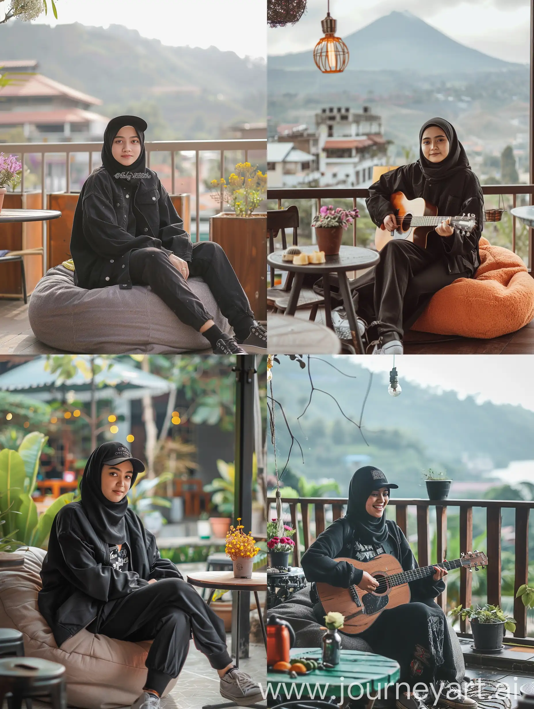 Young-Indonesian-Woman-Playing-Guitar-on-Restaurant-Terrace-with-Mount-Semeru-View