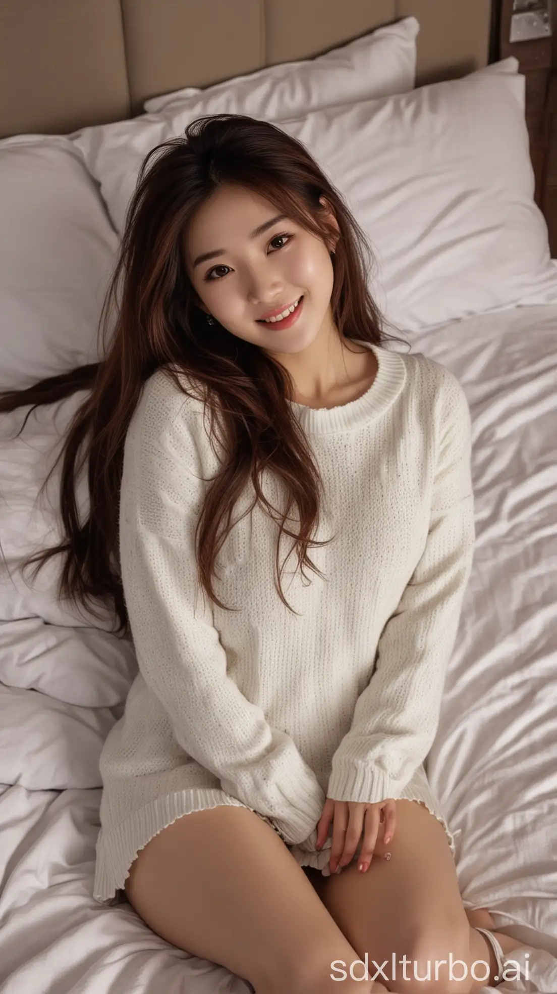 Chinese-Woman-in-Winter-Night-Lying-on-Bed-with-Sexy-and-Sweet-Smile