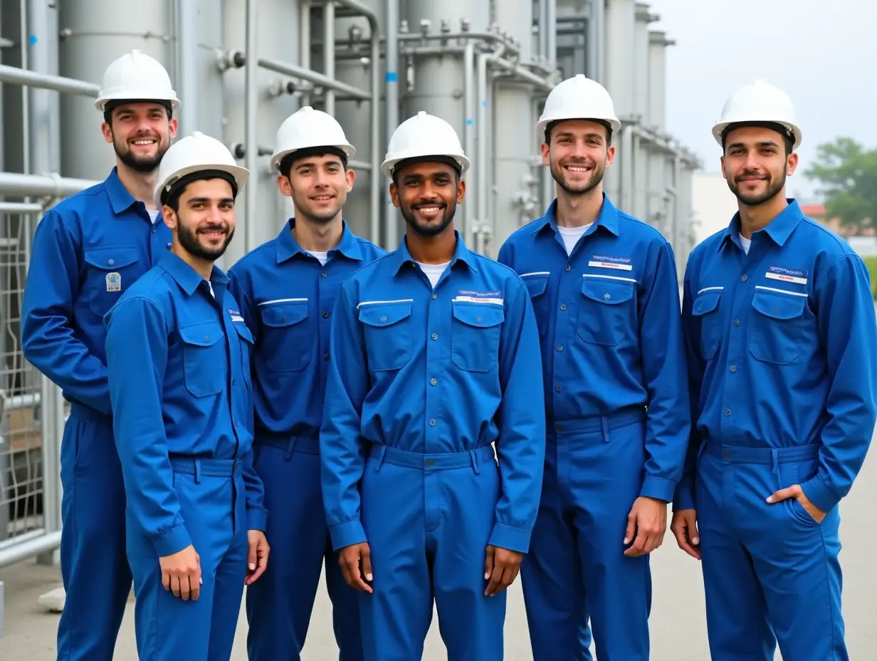 Several young men in blue petrochemical suits with white hats  safety shoes, with a petrochemical unit behind them.