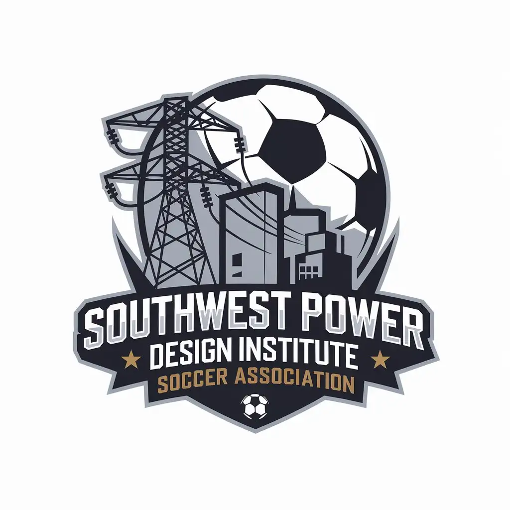 a vector logo design,with the text "Southwest Power Design Institute Soccer Association", main symbol:power lines, power station, soccer,complex,be used in Travel industry,clear background