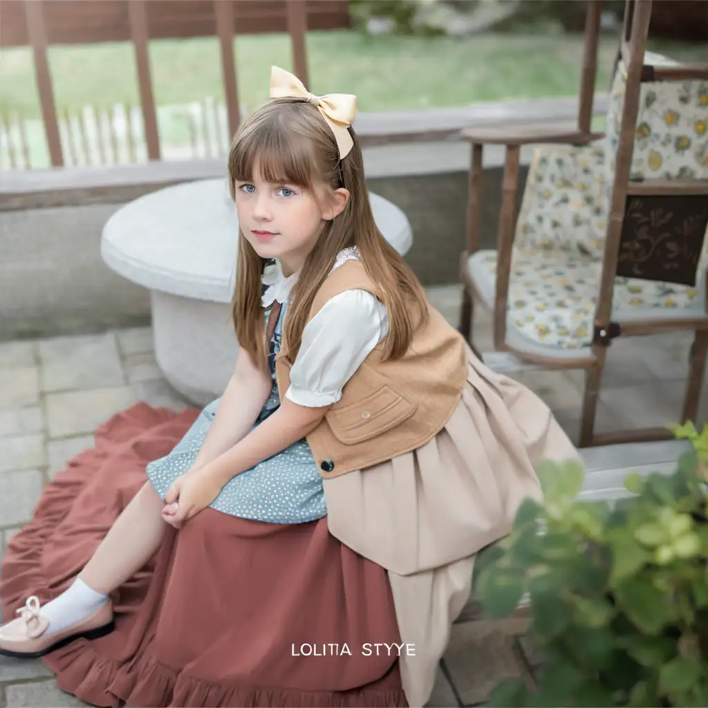 realistic little girl, very long straight hair, freckles. wearing lolita style dress, blouse, vest and flat shoes.