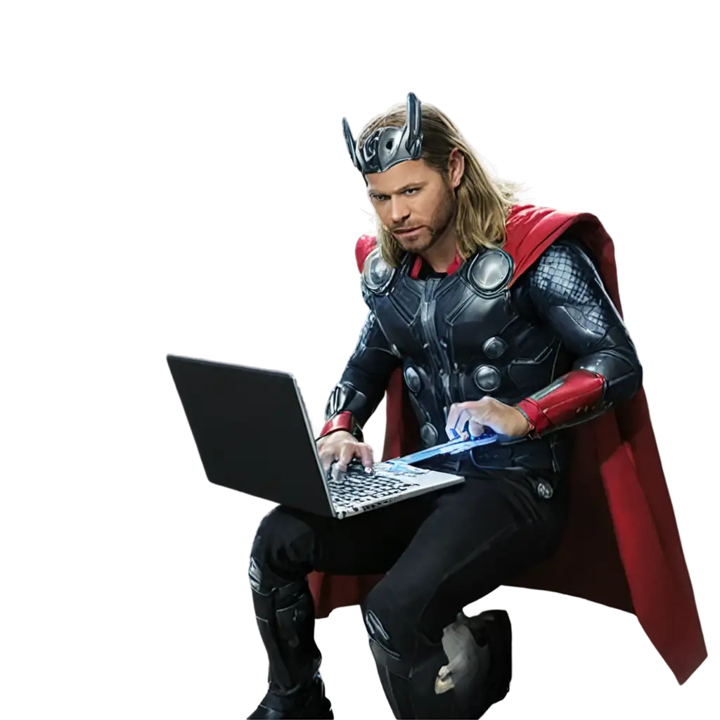 Thor as a hacker using state of the art laptop.