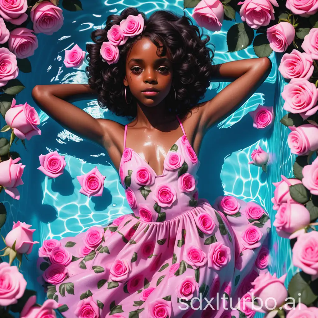 a black girl in a pool of pink roses with a flowery dress