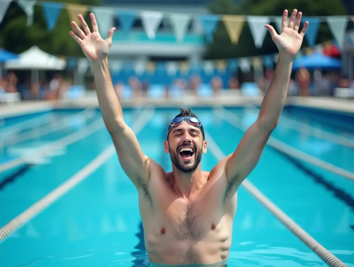 Man-Celebrating-Victory-in-Swimming-Pool-with-Raised-Hands