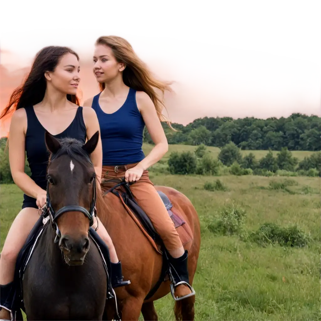 Summer-Sunset-Horse-Ride-PNG-Capturing-Two-Girlfriends-with-Beautiful-Hair