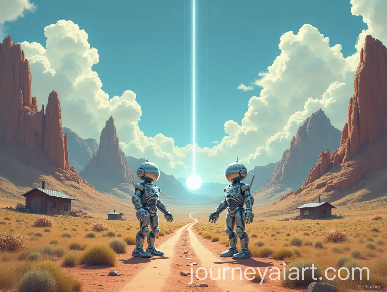 Futuristic-Robots-Battling-on-a-Silver-Metal-Landscape-with-Mountains-and-Cloudy-Sky