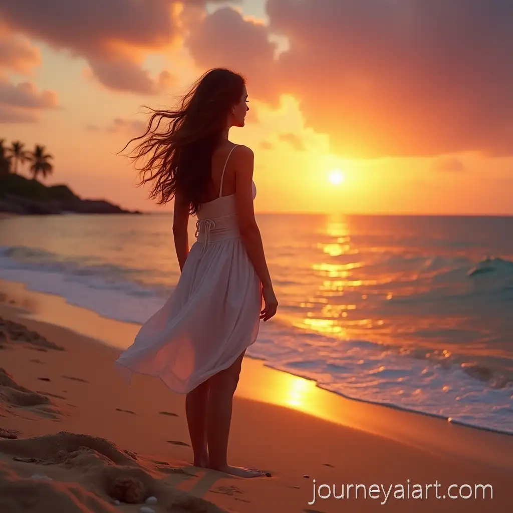 Young-Woman-in-White-Dress-onSerene-beach-sunset-scene-Serene-Beach-at-Sunset