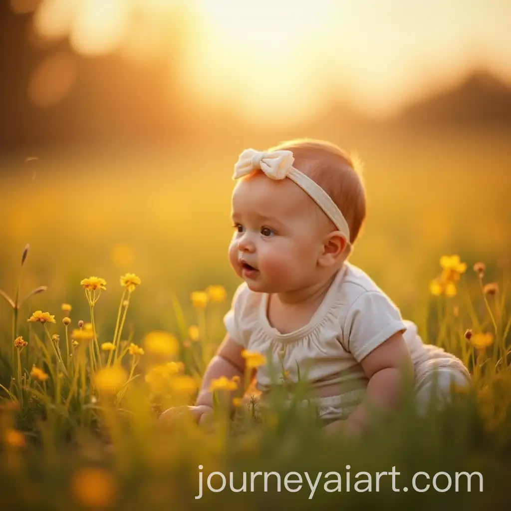 Ethereal-Moment-of-a-Cute-Baby-in-Grass-and-Flowers-During-Golden-Hour
