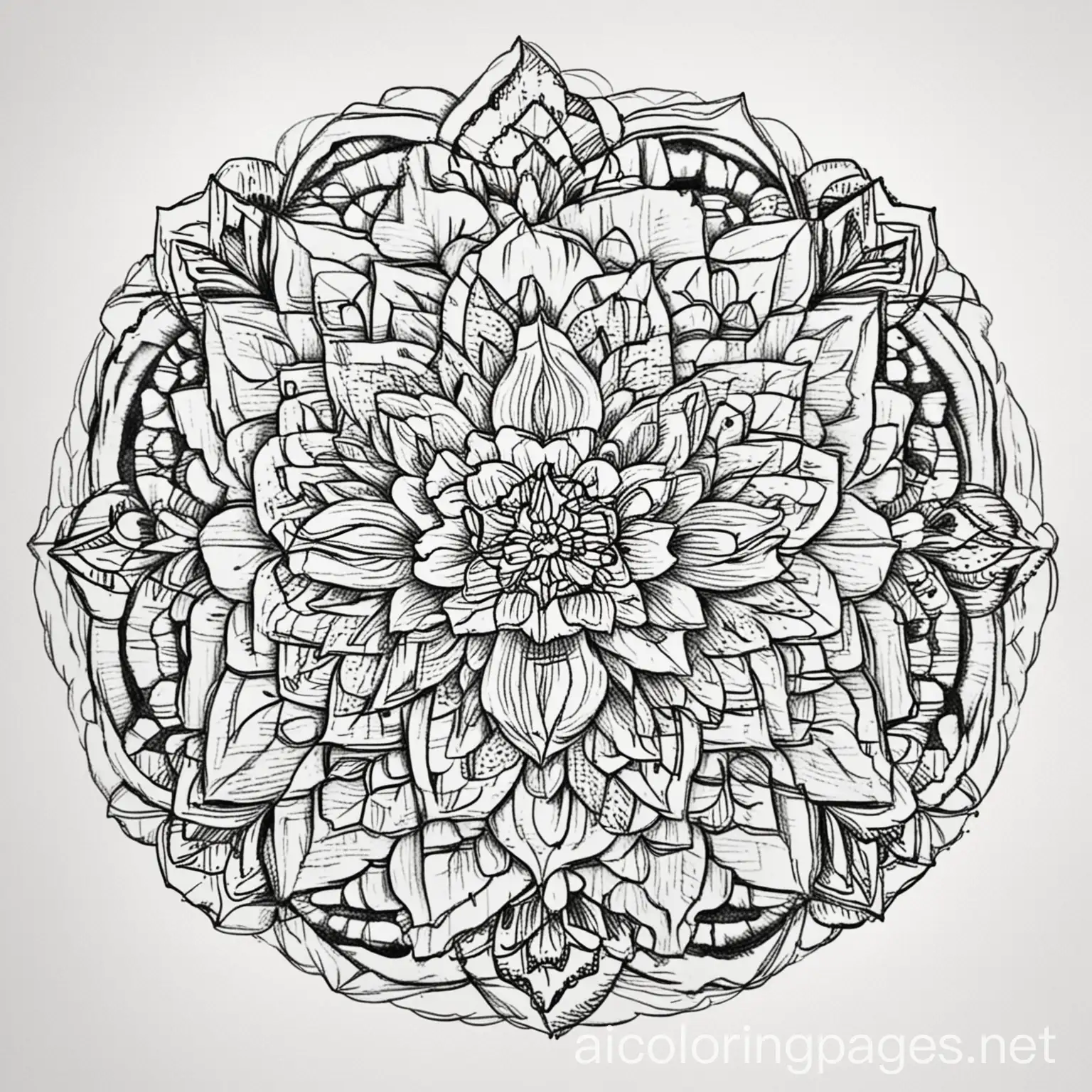 a flower mandala where the petals have rose patterns, Coloring Page, black and white, line art, white background, Simplicity, Ample White Space. The background of the coloring page is plain white to make it easy for young children to color within the lines. The outlines of all the subjects are easy to distinguish, making it simple for kids to color without too much difficulty