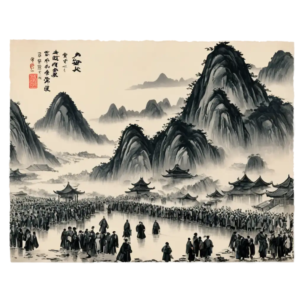 Ancient China  ink style picture,inclouding mountain, water and crowds of people working in different ways