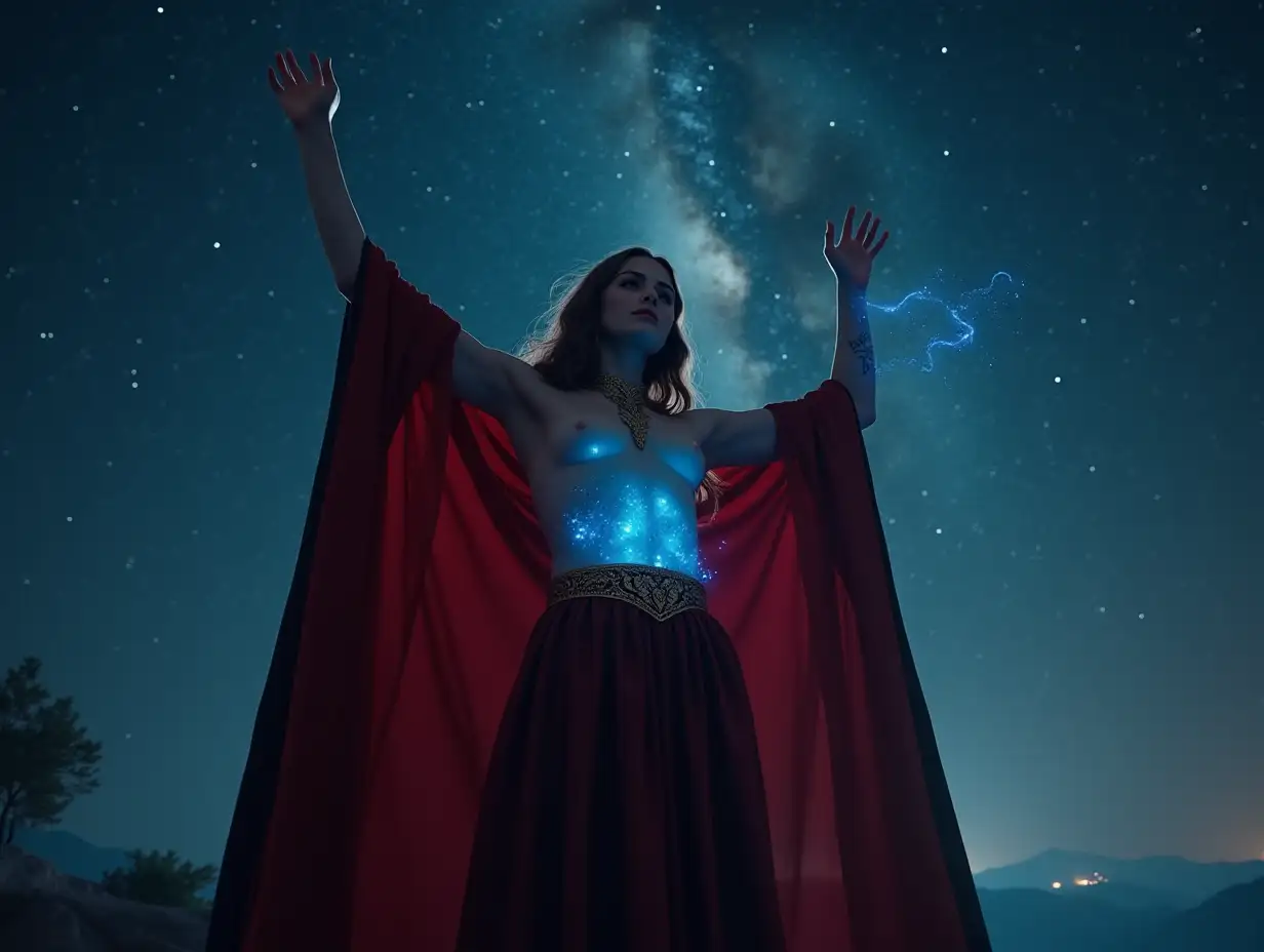 An adult woman wearing a long crimson cloak, arms raised and bare breasts, bluish softly glowing magical tattoos on her arms, a long crimson skirt trimmed with gold and a black hem, standing on a precipice and looking down at the world below, background of starry night sky with the edge of the milky way visible, 8k, ultra realism