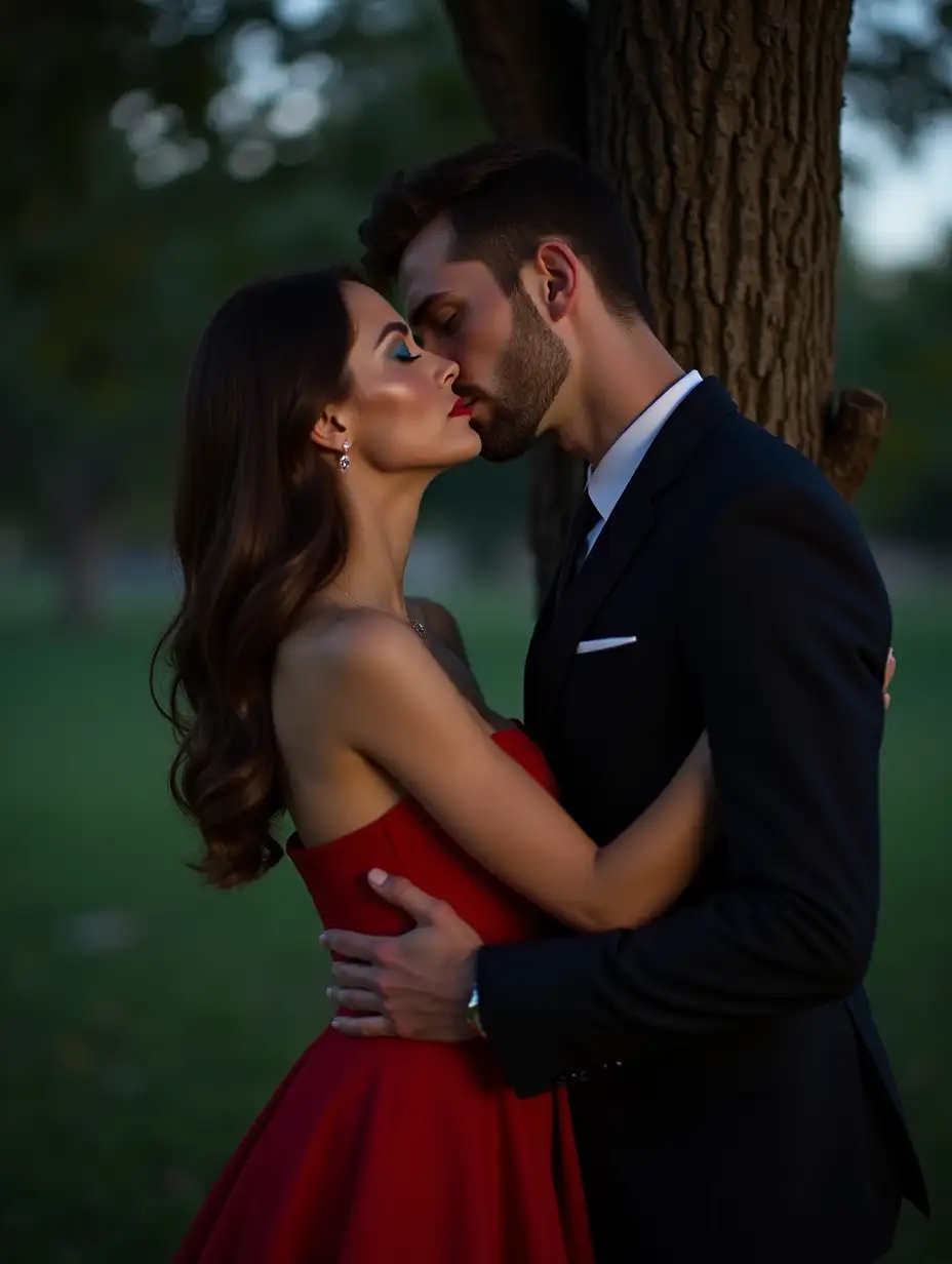 Brunette-Woman-in-a-Red-Dress-Embraced-by-a-Man-at-Night