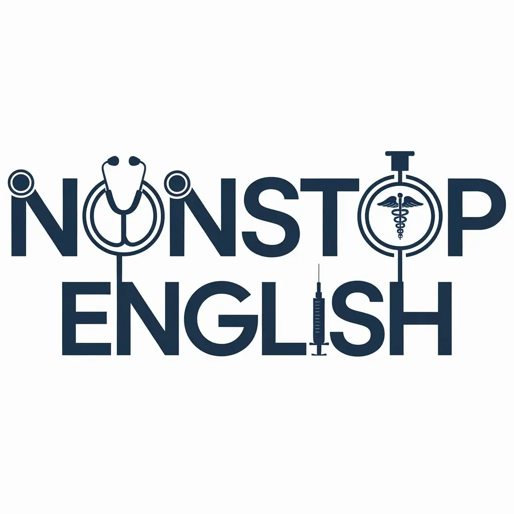 
  A logo "Nonstop English"with medical and nursing elements and medical equipment that can be seen in all letters