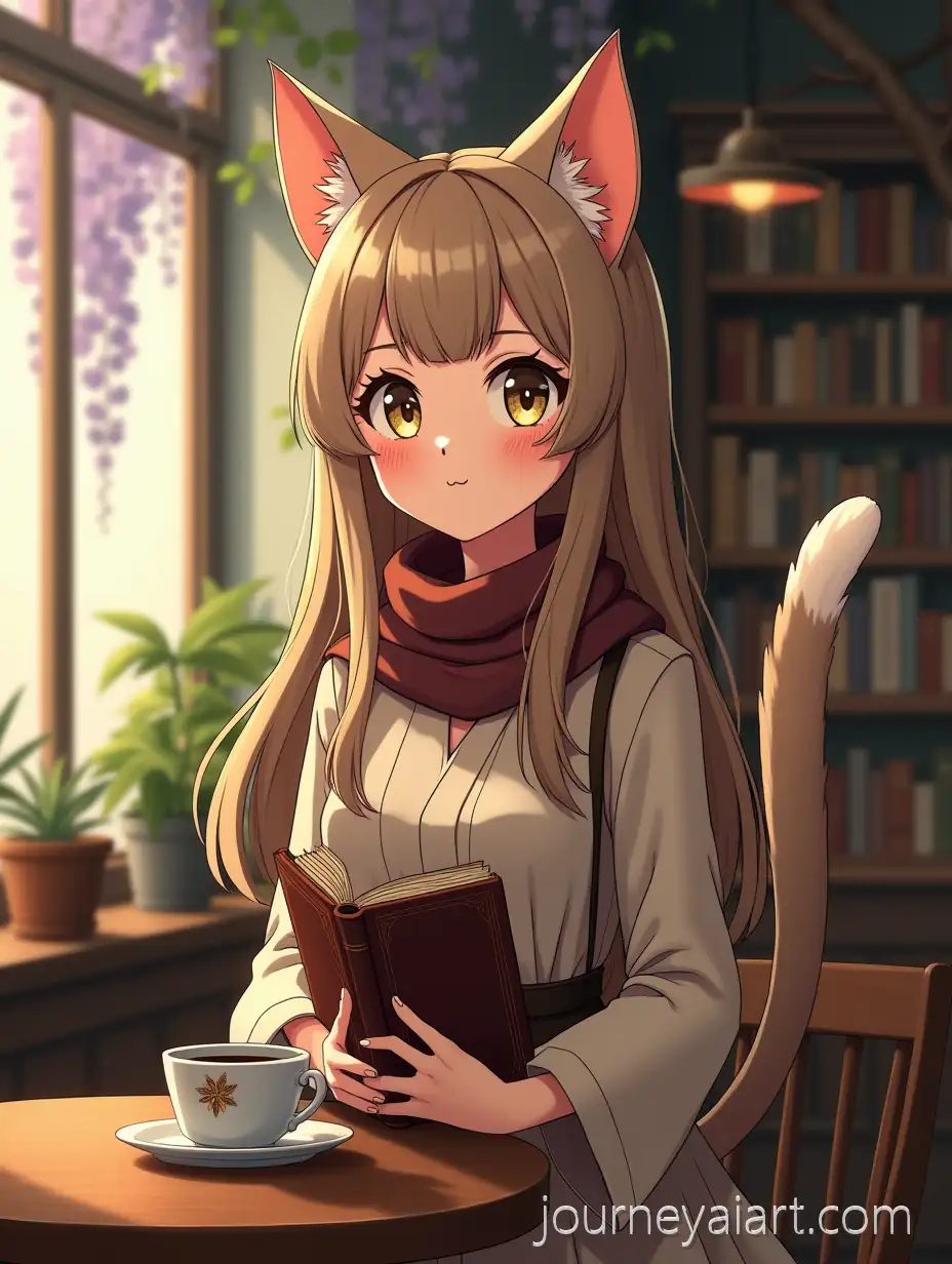 Elegant-HumanCat-Hybrid-MascotMature-humancat-mascot-Tami-in-Tree-Caf-Library-Setting