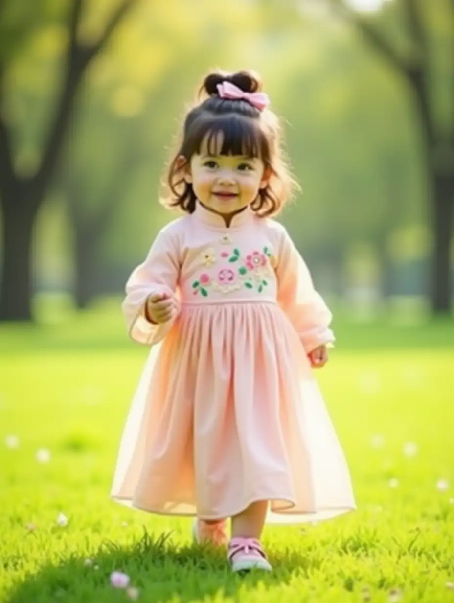 A cute little girl with big, expressive eyes, wearing a pastel pink traditional dress with floral embroidery, walking in a lush green park while holding a small flower. Her dark brown hair is tied up in a high ponytail with a pink bow, and she has a cheerful, innocent expression. Soft sunlight filters through the trees, creating a warm and dreamy atmosphere. The grass is vibrant, and the background is softly blurred to emphasize the adorable child.