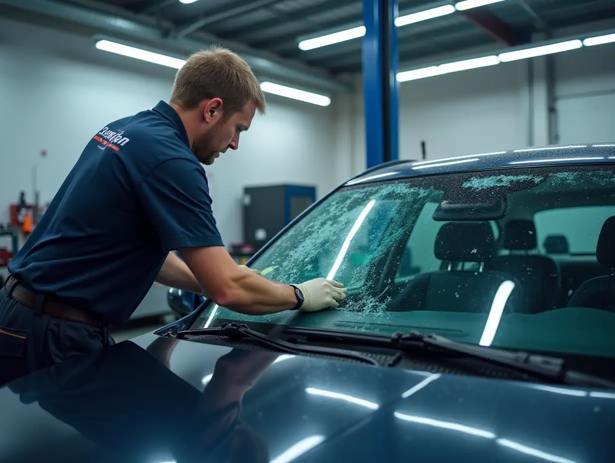 Create a professional and appealing photo for a windshield replacement website, showing the process of windshield replacement on a car, featuring a technician in a clean workshop, with tools visible, bright lighting highlighting work details, a car with a partially removed windshield, conveying speed and quality of service, and space for the company logo in the corner.