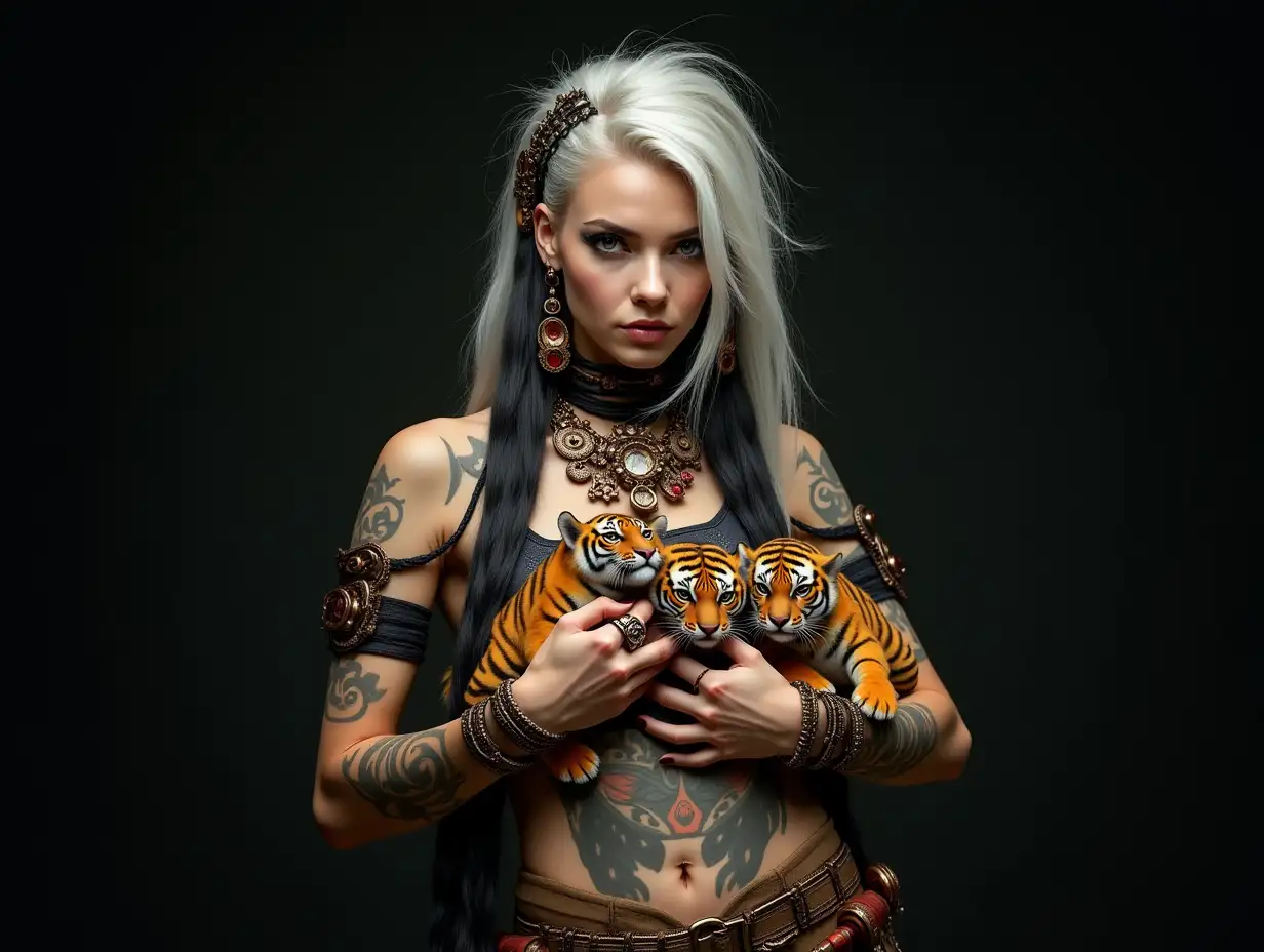 Lady with a -tattoo, futuristic long white-black hair, braided and laced boots, with Tiger babies in her hand - Richly detailed and colorfully worn and futuristic jewelry. Background Unfocused, black 120-mm Steampunk shot