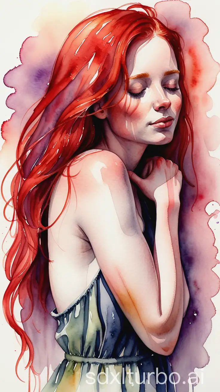 A woman with red hair hugging herself watercolor painting