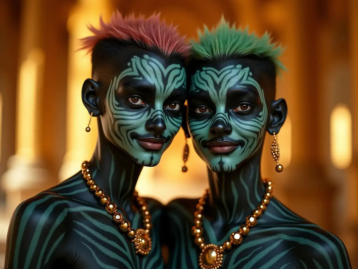 Two young men with black and white patterned skin, alien face, rose green hair, a slight smile on their faces, highlighting their smiles, wearing modern retro jewelry, in a temple with much gold in various shades 4k