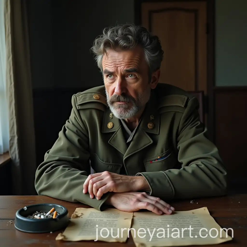 Tired-30YearOld-Man-in-Worn-Soviet-Uniform-Sitting-at-a-Table