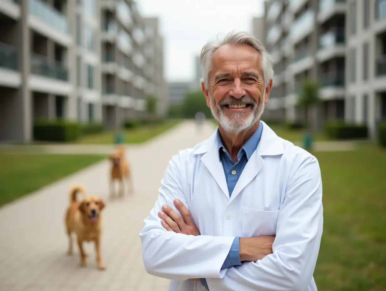 photorealistic portrait of a middle-aged man, veterinarian, in a white lab coat, arms crossed, smiling warmly. outdoor setting, light beige/gray paved walkway, background of modern apartment buildings, with patchy green grass between. focus on man, dogs in blurry motion in the background, a light brown dog in the mid-ground, a bit out of focus. warm light, natural daylight, neutral tones, natural colors, impressionistic blur in the background, soft focus around the subject, professional looking, friendly expression.