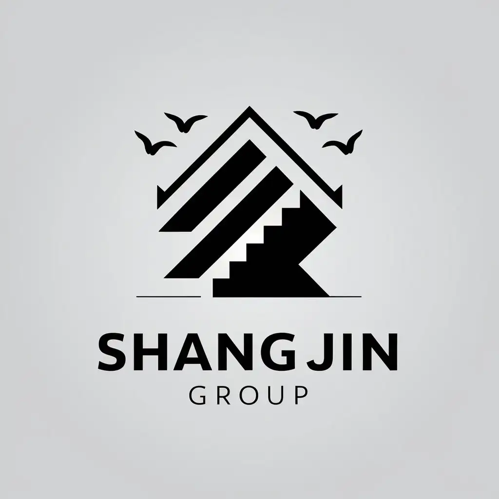 a vector logo design,with the text "Shangjin Group", main symbol:arrows / stairs / flying birds / mountain peaks,Minimalistic,be used in Technology industry,clear background