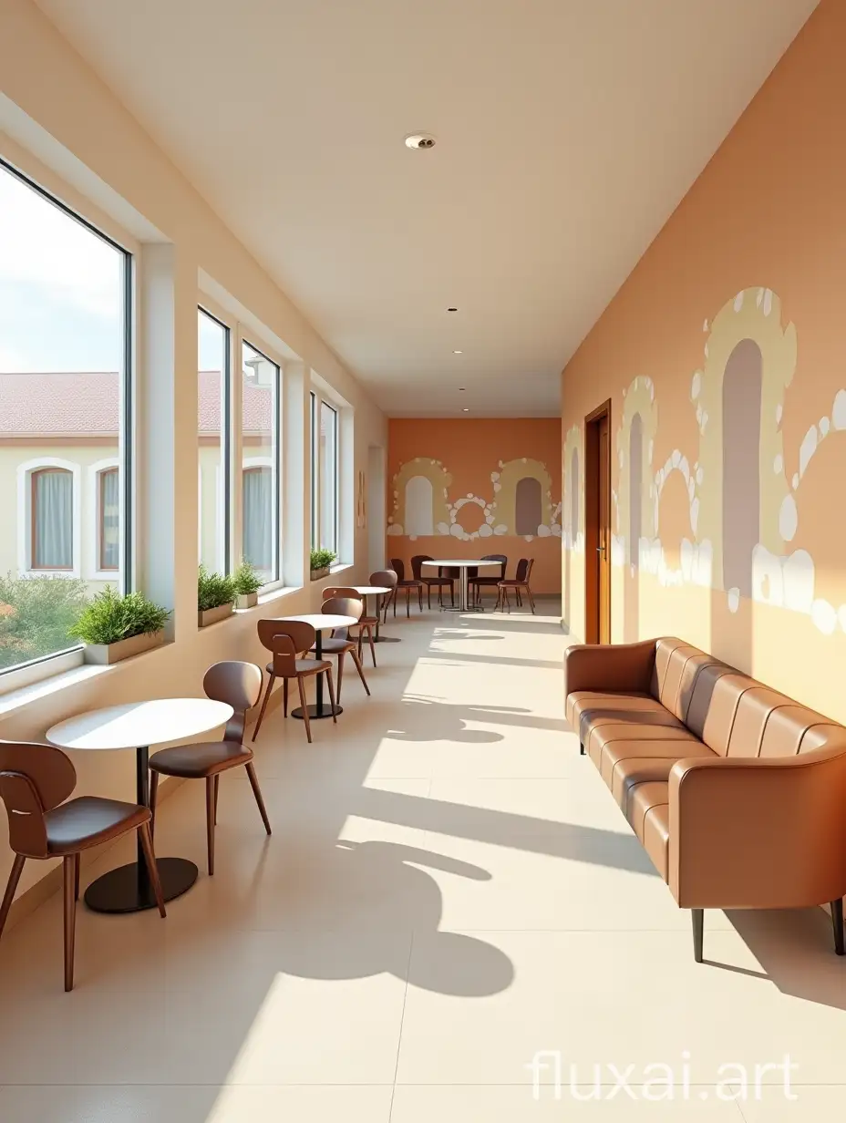 Architectural visualization of internal space of pediatric dental clinic with three tables and chairs, two round leather sofas, small stools and a long table on one side, leading to a large wall that leads to office spaces. All the furniture in the room, walls are painted in Memphis style. High resolution image, 3D rendering in Blender style. Interior photography in the style of Vogue, Elle Decoration, Hasselblad camera, accurate color reproduction, natural lighting, volumetric light from the window, interior photography, wide-angle lens, panoramic photography, high detail, increased sharpness.