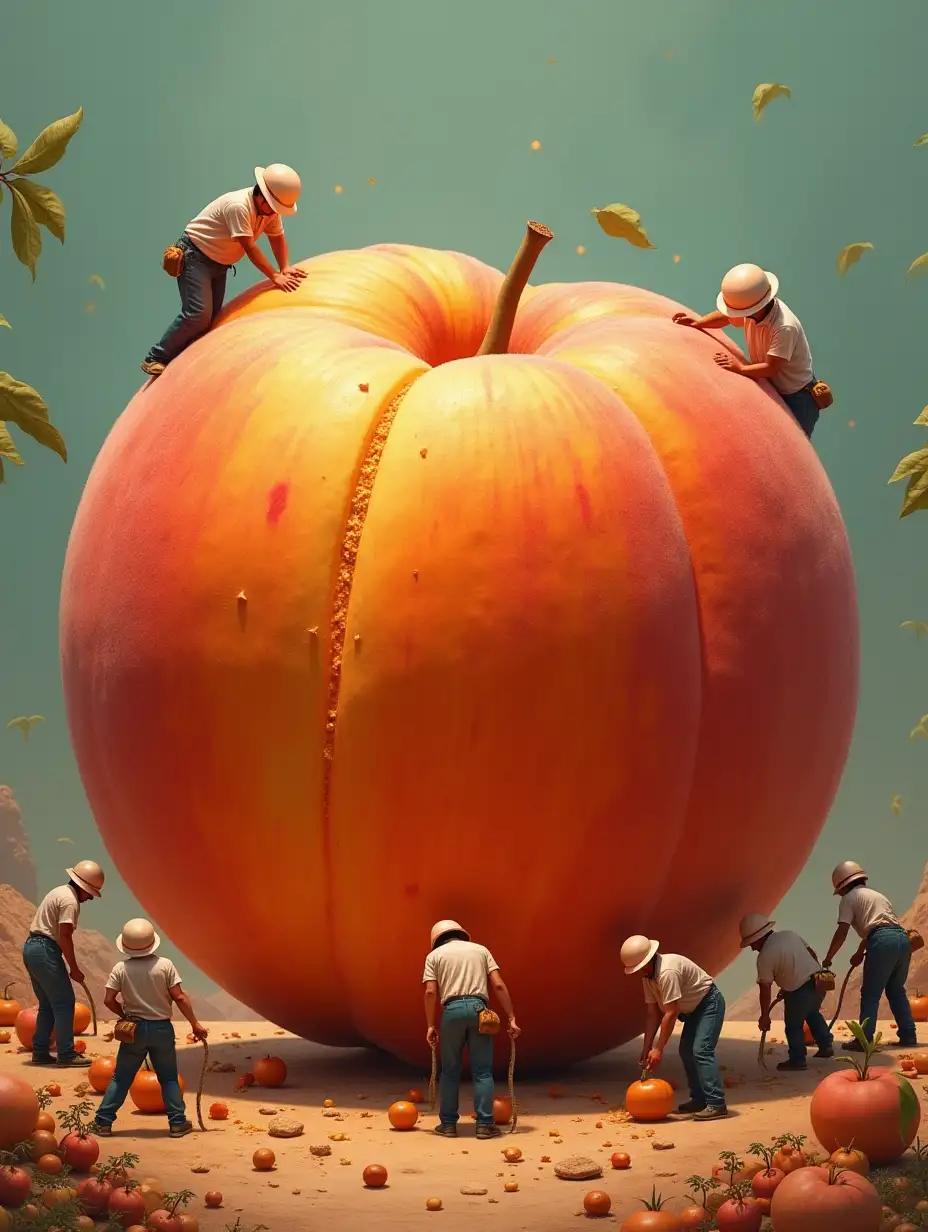 I want a nano photo of a giant peach with a lot of workers extracting the fragrance from it.