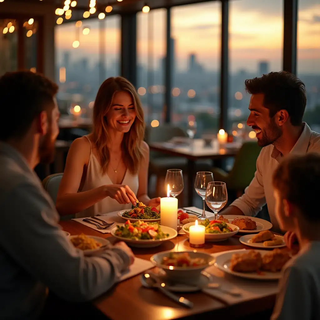 A hyperrealistic image of a radiant, beautiful, white-raced woman (age 35-44) with her husband and kids, all enjoying a nutritious dinner at an upscale, warmly lit restaurant. The woman is seated at the center of the table, gently smiling as she serves a plate of colorful, fresh salads and lean protein, with her family eagerly partaking in the meal. Subtle candlelight flickers, casting a soft glow on their content faces. Outside the large window, the sun sets behind a bustling cityscape, reflecting golden hues across the restaurant’s chic wooden furniture and glass decor. The overall ambiance feels cozy and inviting, full of love and laughter, with a sense of togetherness emanating from their joyful expressions. Cinematic photography style, captured with a high-end DSLR, shallow depth of field with soft bokeh lights in the background. Negative prompt: unnatural skin tones, exaggerated facial expressions, blurry image, awkward body positions, unrealistic food colors, dark or gloomy atmosphere, low-resolution textures, cluttered backgrounds, plastic-like surfaces, emotionless faces, stiff postures, chaotic environment.