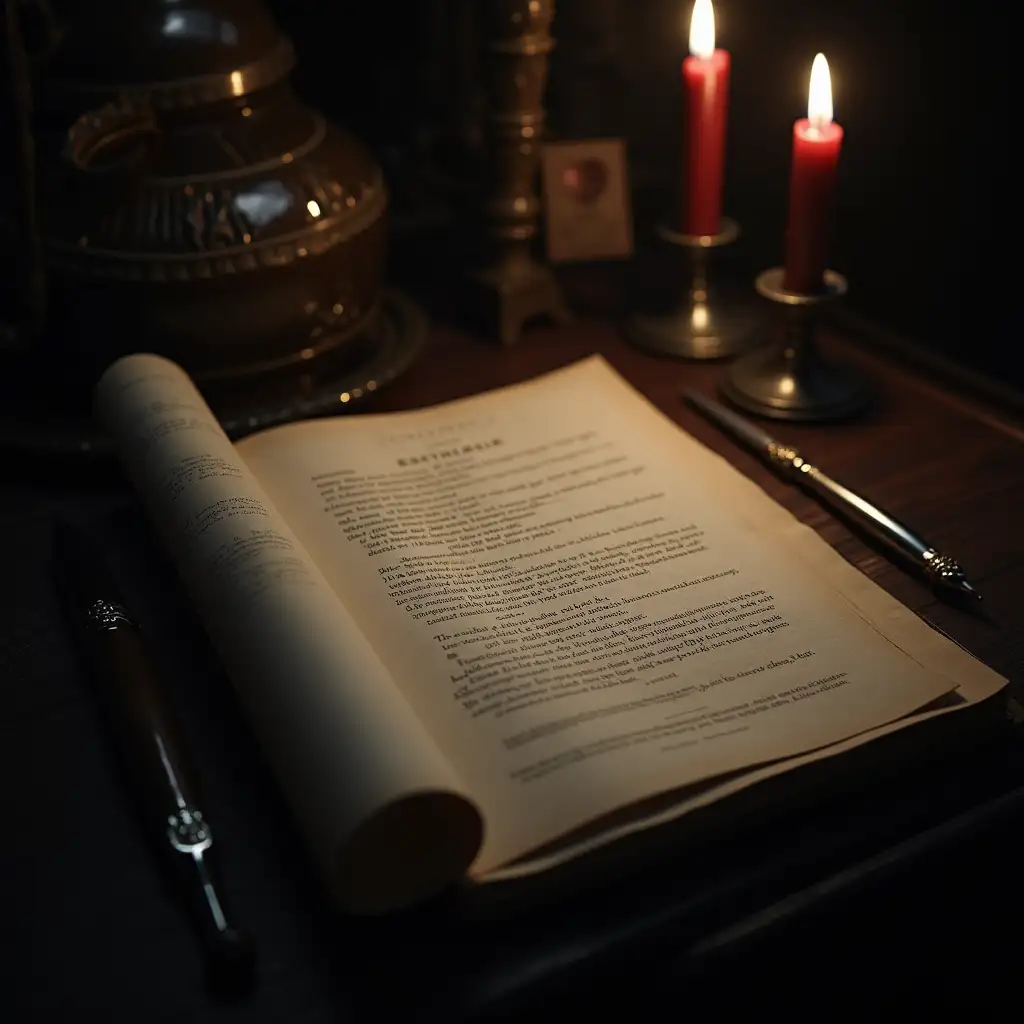 Gothic Table with Movie Script and Vintage Props