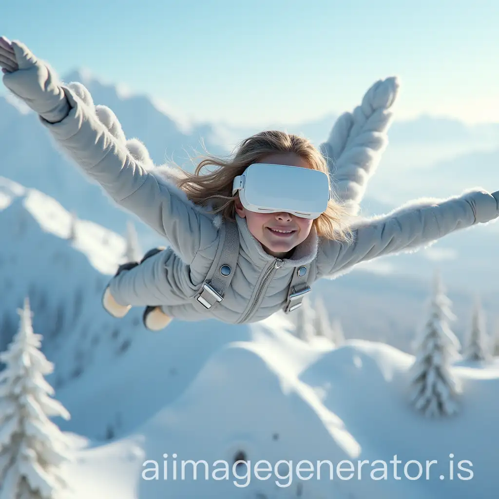 a very pretty and realistic teenage girl who is flying with a wingsuit or birdman suit over a landscape of snow-covered treeless mountains and wearing white virtual reality glasses