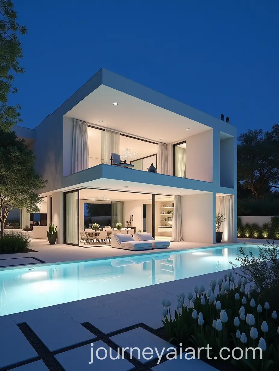 Modern-Glass-Villa-with-White-Stone-and-Pool-at-Night