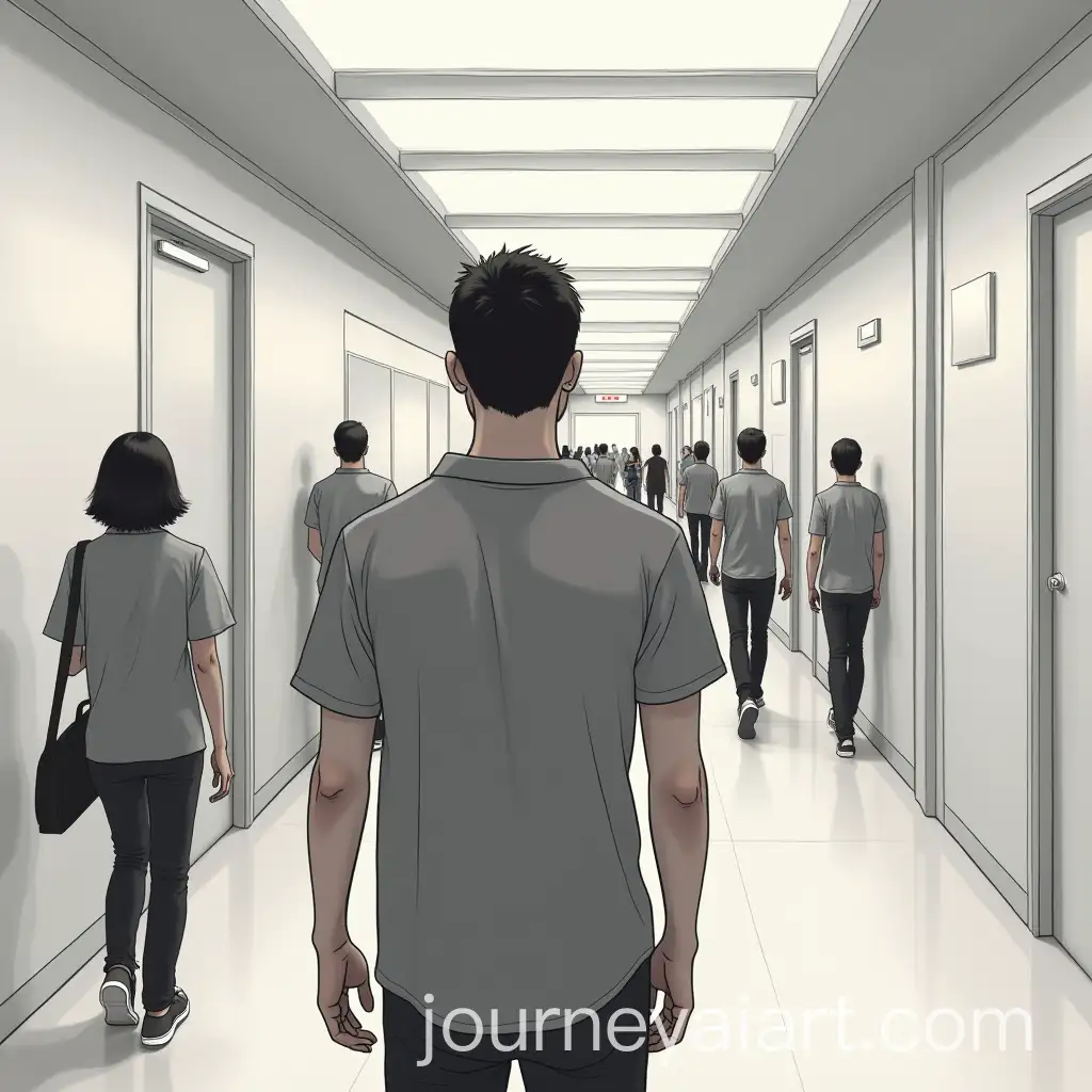 Skinny-Man-in-Grey-Shirt-Walking-Down-a-Busy-Hallway