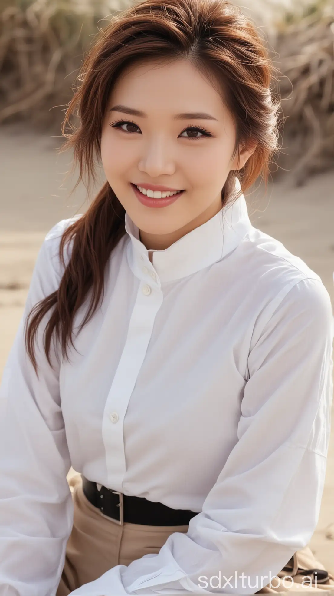 Chinese-Female-Singer-in-Winter-Outfit-Sitting-on-the-Beach