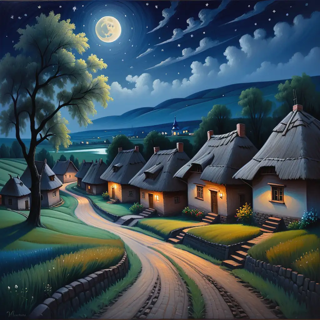 Serene-Night-Scene-of-Ukrainian-Village-with-ThatchedRoof-Houses