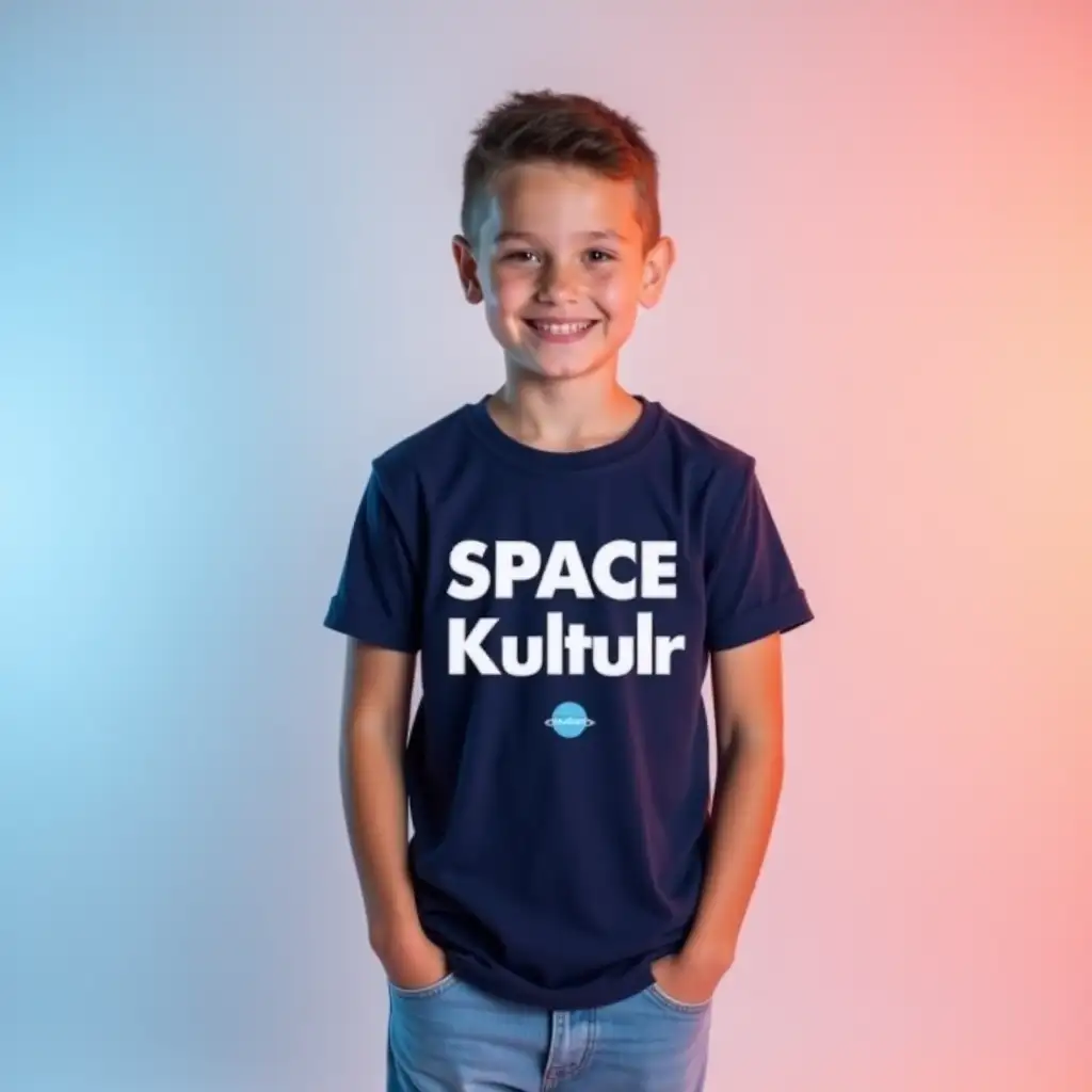 Smiling-Teenage-Boy-in-Casual-Outfit-with-Bold-SPACE-Kultur-Shirt-Against-Gradient-Background