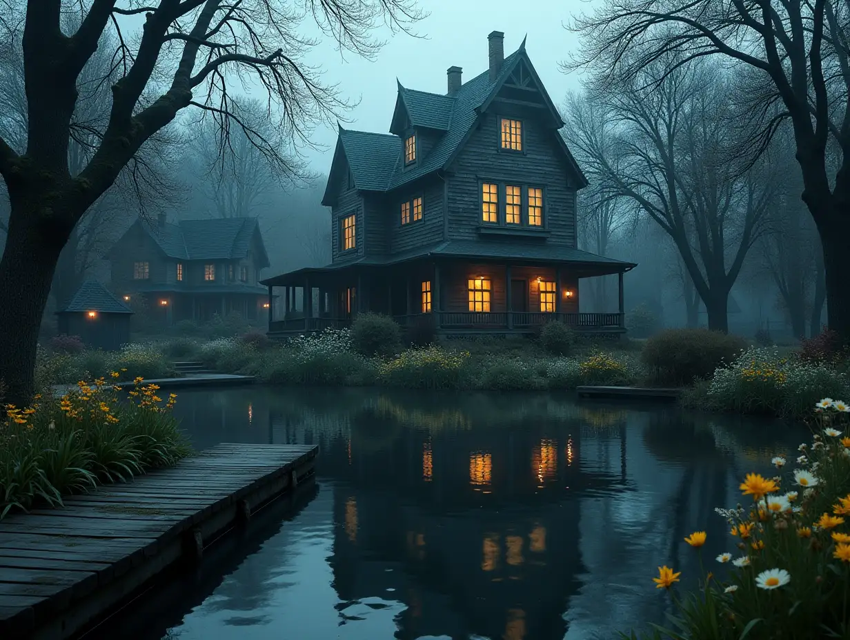 several dreamy old lit houses with many trees in the back and a pond in front with many flowers and a dock to the water eerie world