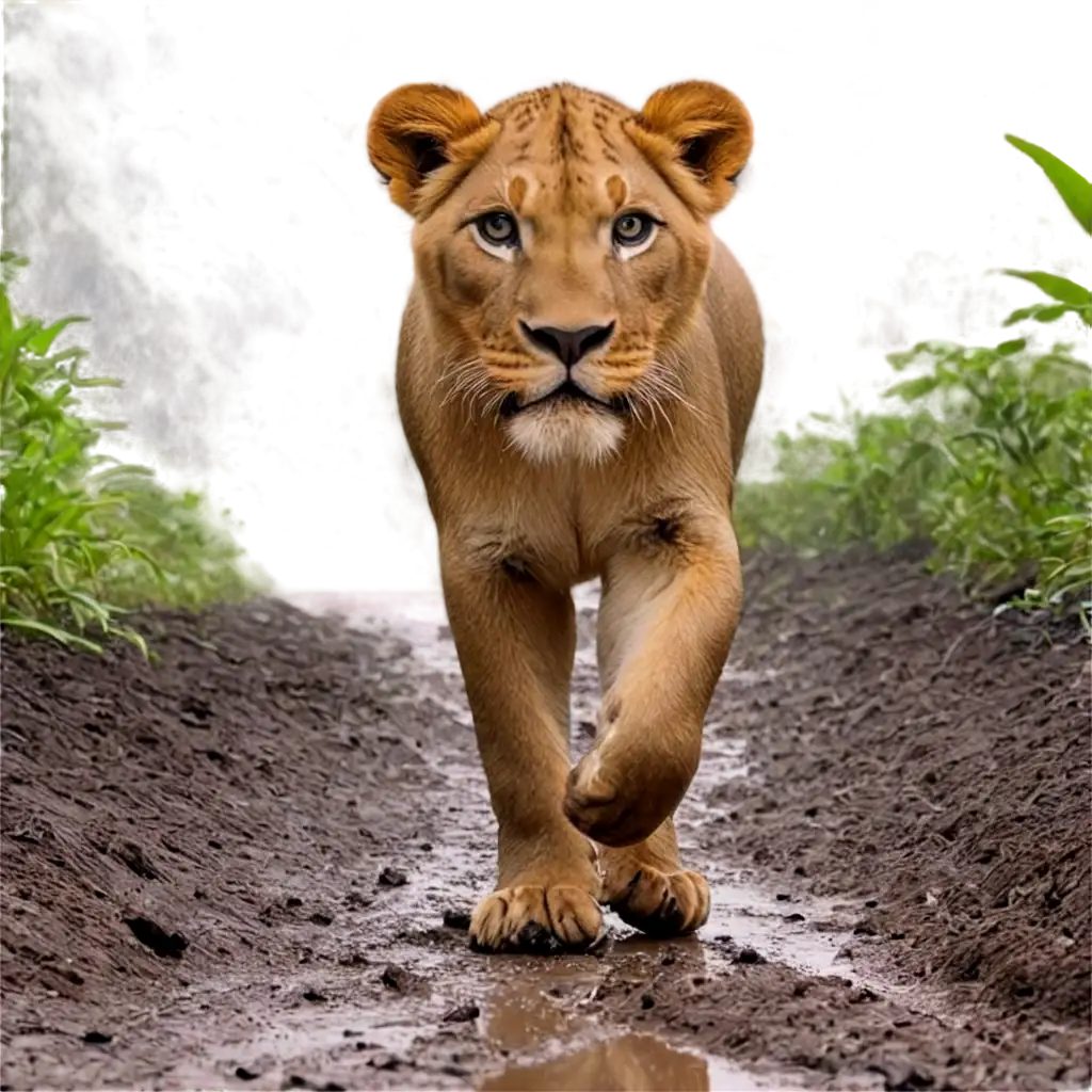 The middle mud track In the jungle. The earth is wet with the rain drops. A lion is strolling.