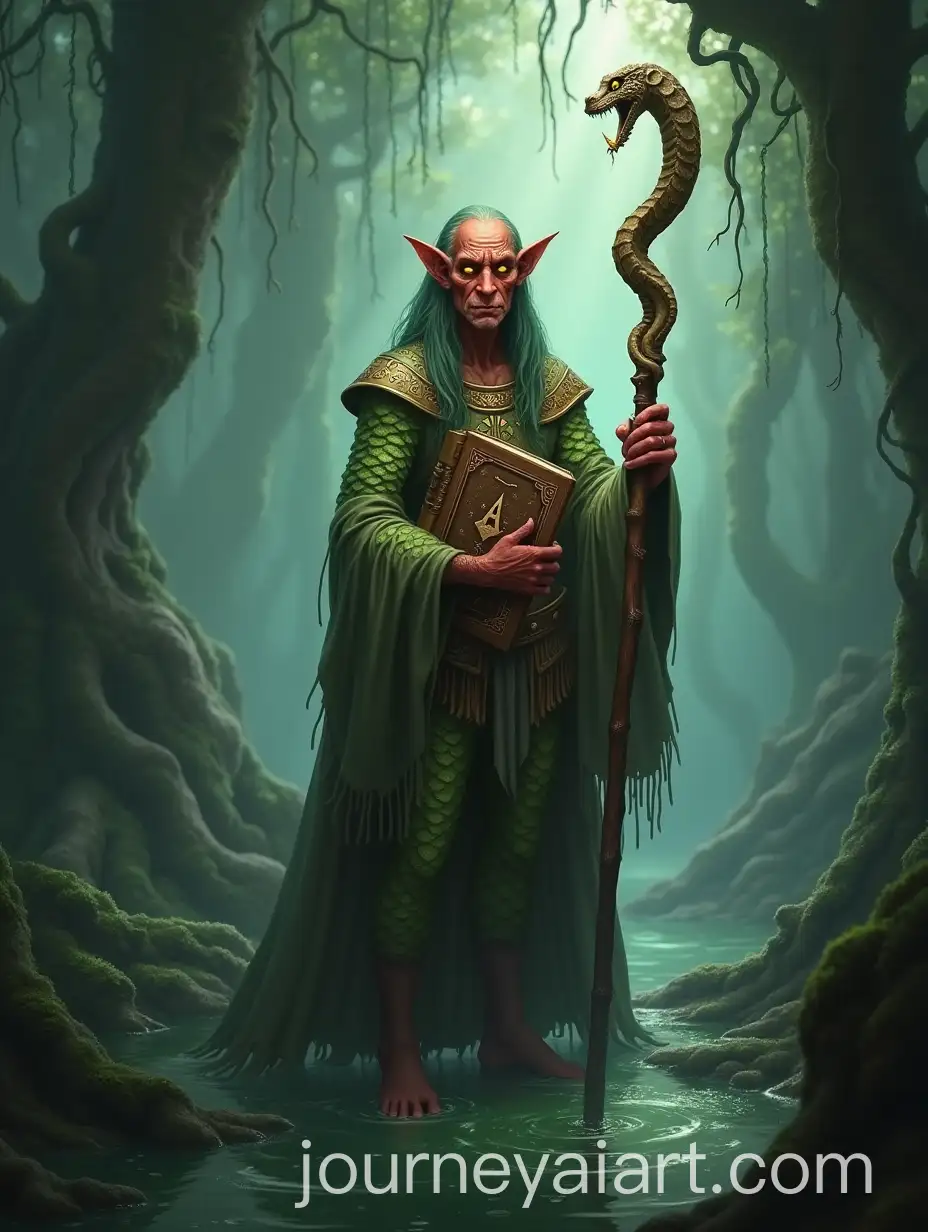 Humanoid-Divination-Wizard-in-Misty-Jungle-Swamp-with-Glowing-Spellbook-and-Snake-Staff