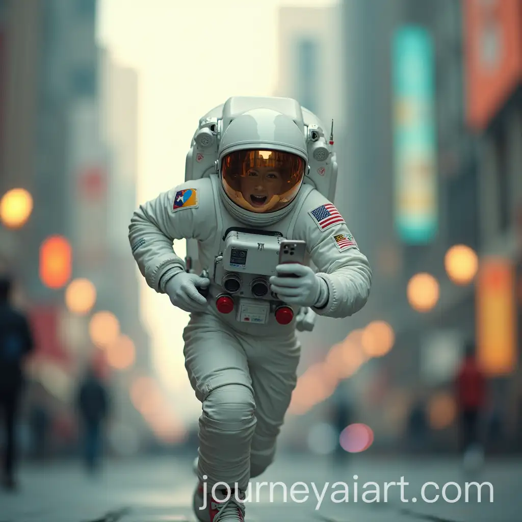 Astronaut-Running-in-Futuristic-City-with-Cellphone-Motivational-and-Passionate-Energy