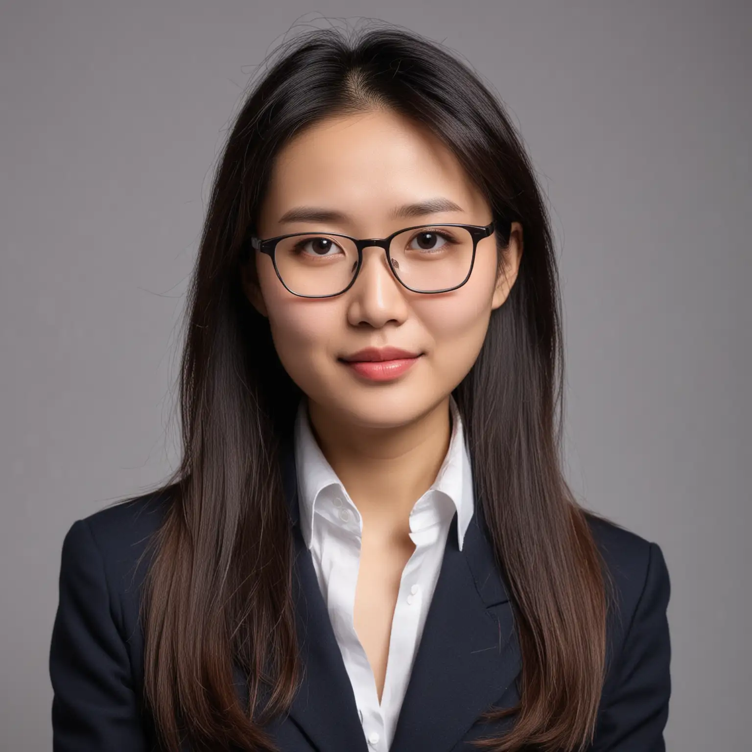 a financial woman, around 30, Chinese, headshot, similar feeling to Li Yapeng, neck a little shorter, long hair, add glasses, pose is anchor status