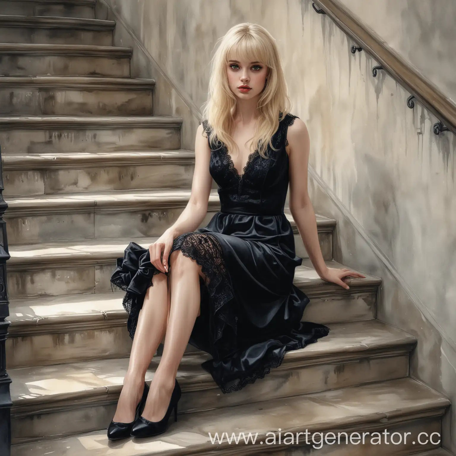 Elegant-Young-Woman-in-Black-Silk-Dress-Holding-Gift-on-Stairs