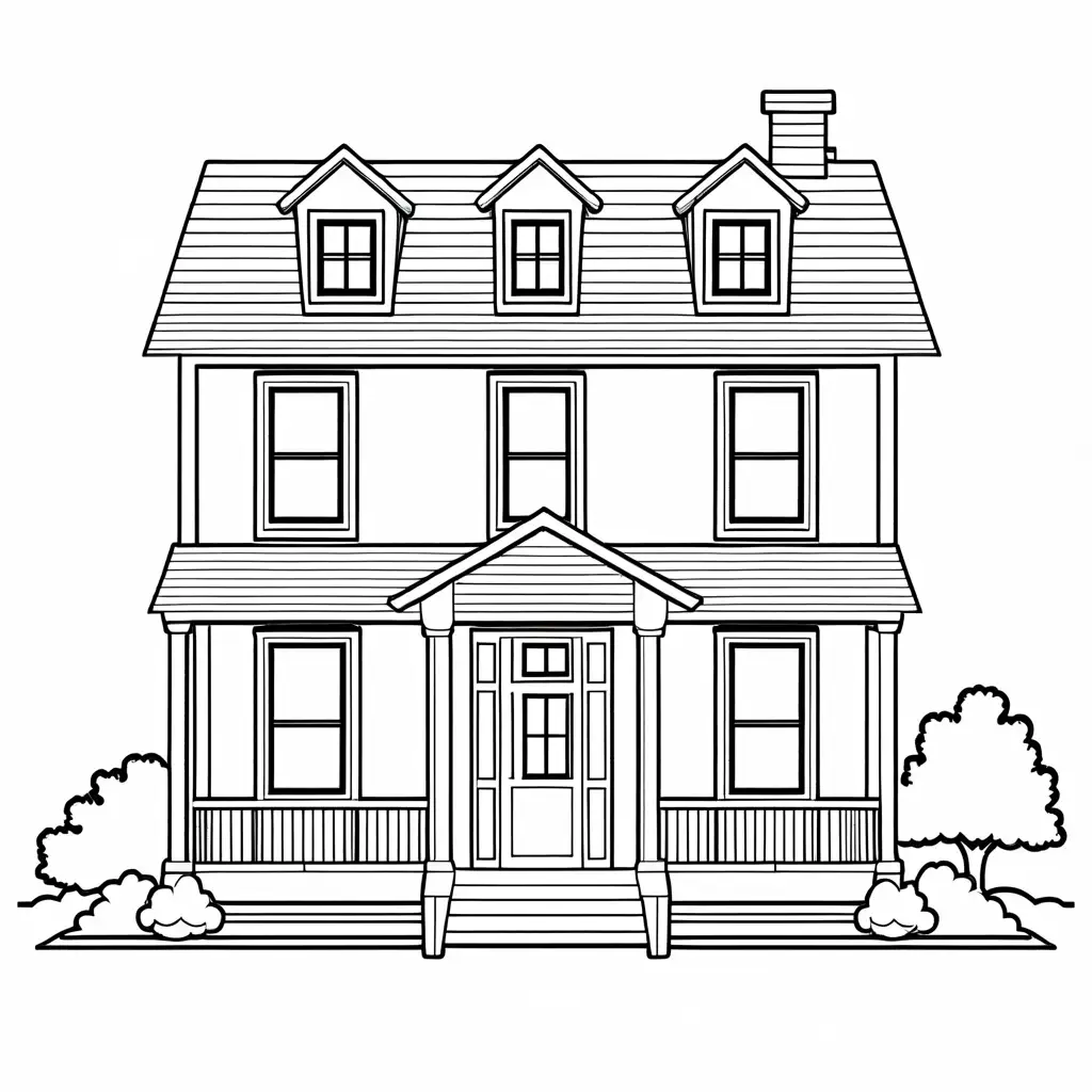 american house in 3d, Coloring Page, black and white, line art, white background, Simplicity, Ample White Space. The background of the coloring page is plain white to make it easy for young children to color within the lines. The outlines of all the subjects are easy to distinguish, making it simple for kids to color without too much difficulty