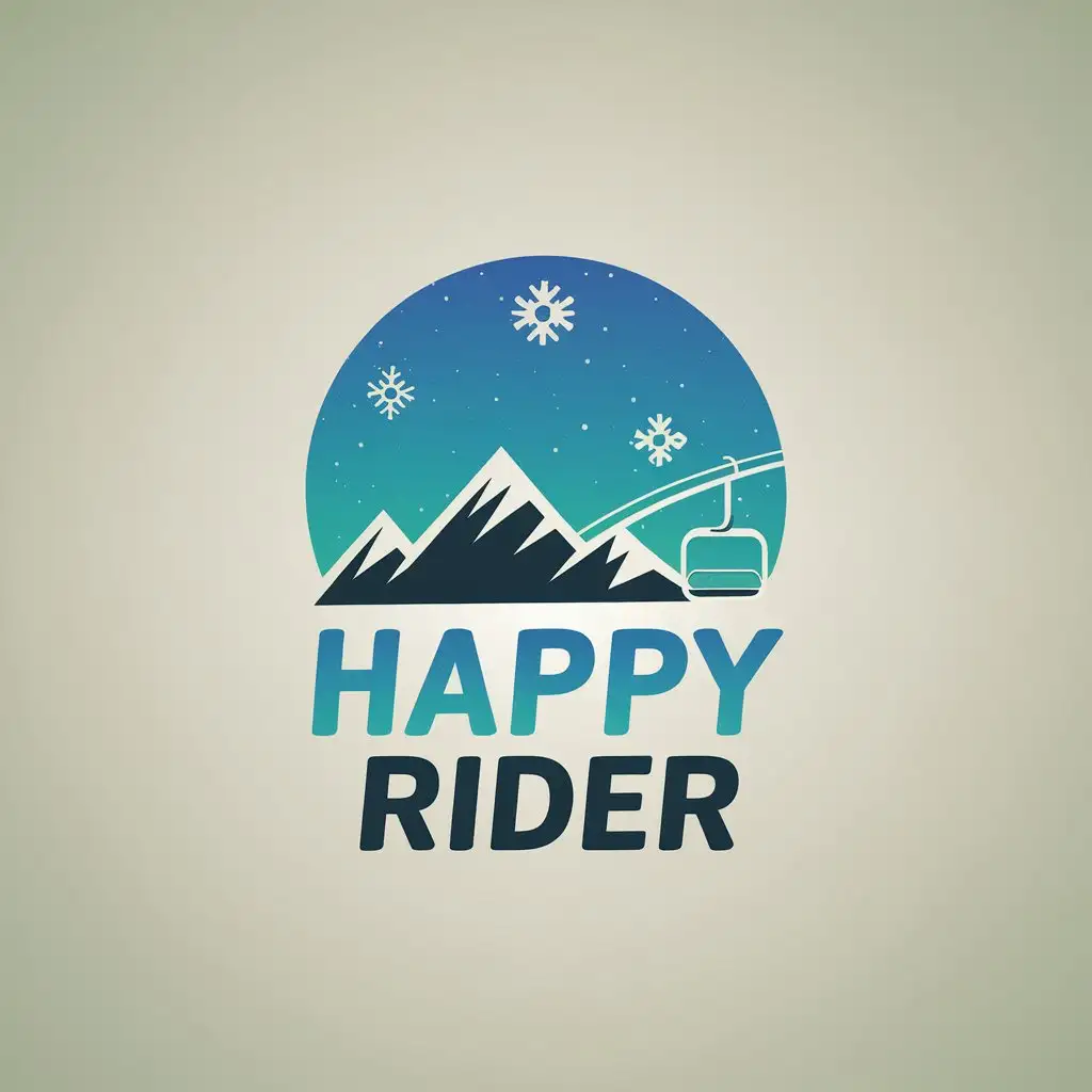 LOGO Design for Happy Rider Minimalistic Mountains Aqua Blue Gradient Sky Ski Lift White Snowflakes