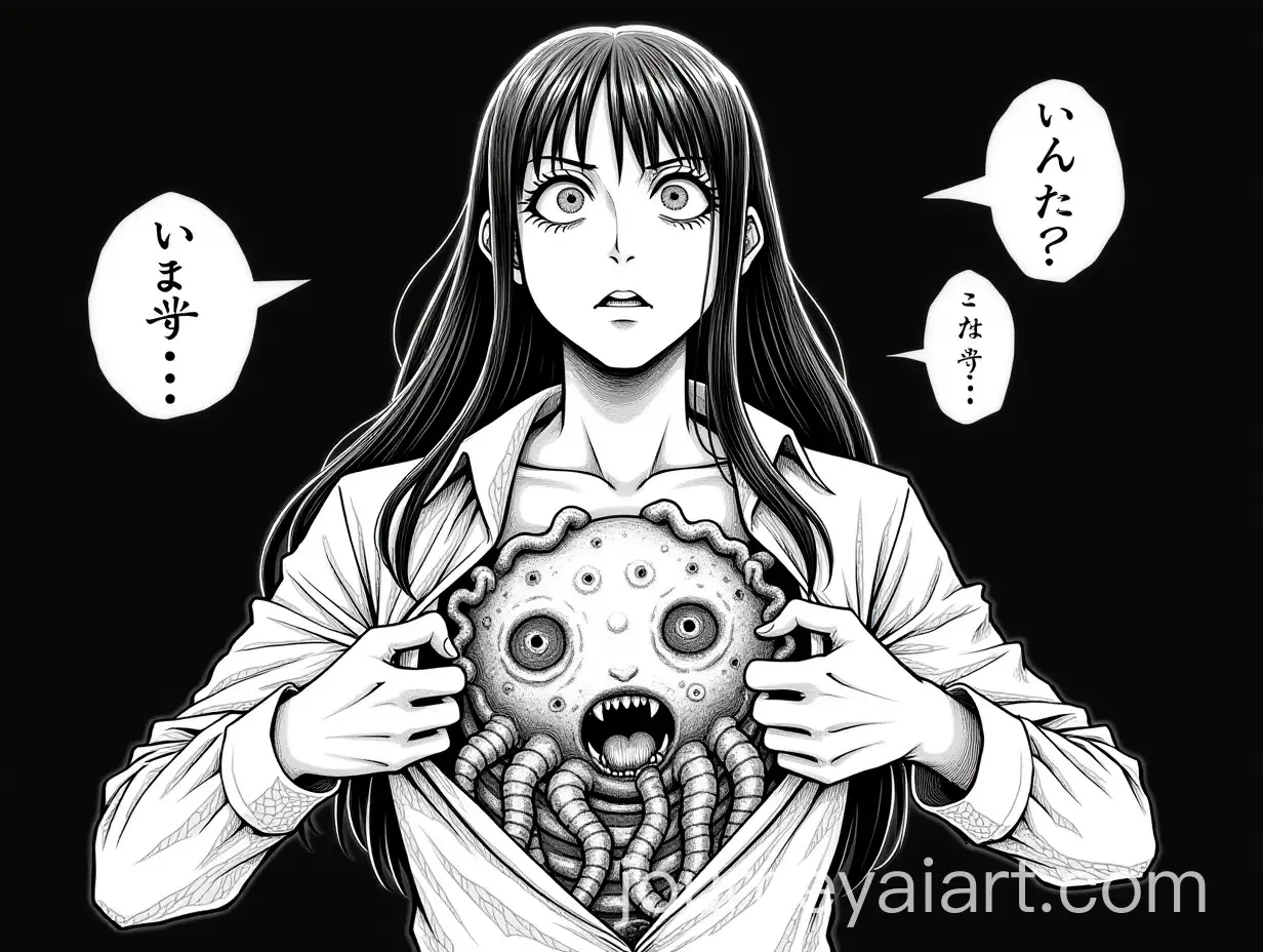 Girl-Revealing-Monstrous-Creature-Embedded-in-Chest-BlackandWhite-Manga-Horror-Art
