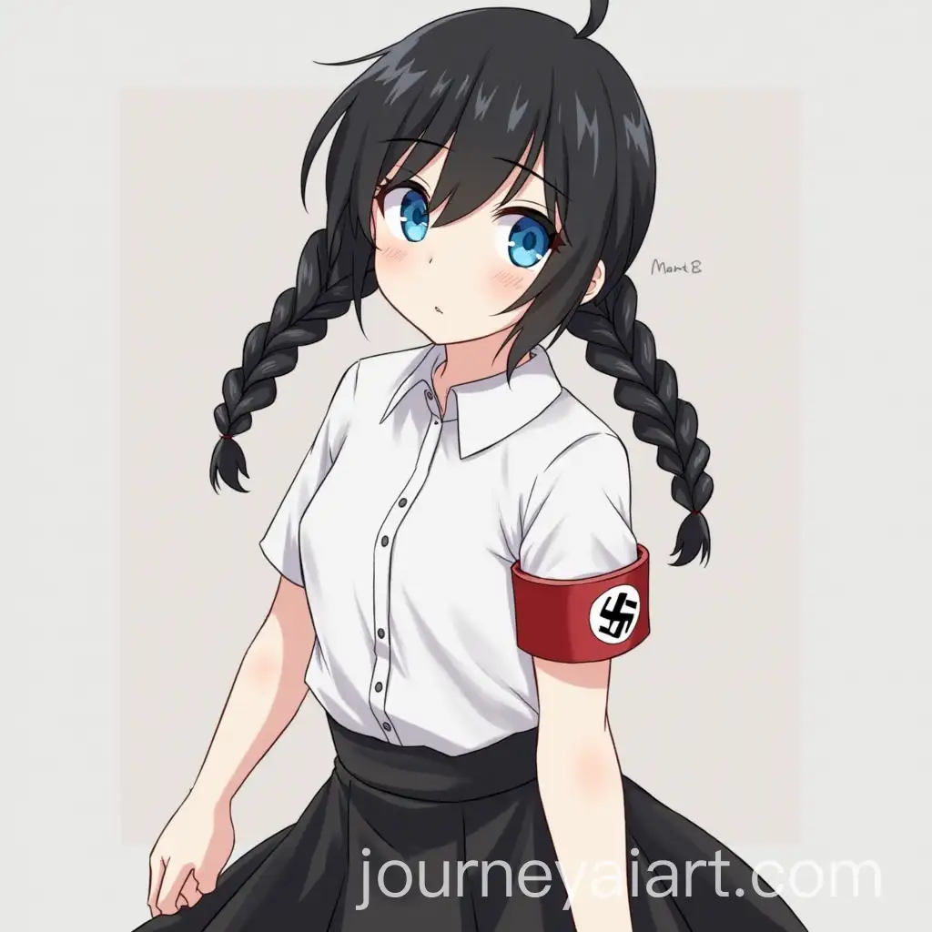 Young-Woman-with-Black-Hair-German-Braids-and-Blue-Eyes-in-White-Shirt-and-Black-Skirt