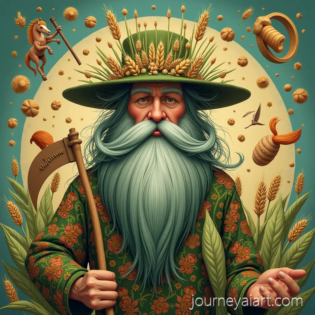 Anthropomorphic-Flax-Plant-Folktale-Illustration-with-Magical-Harvest-and-Family-Symbols