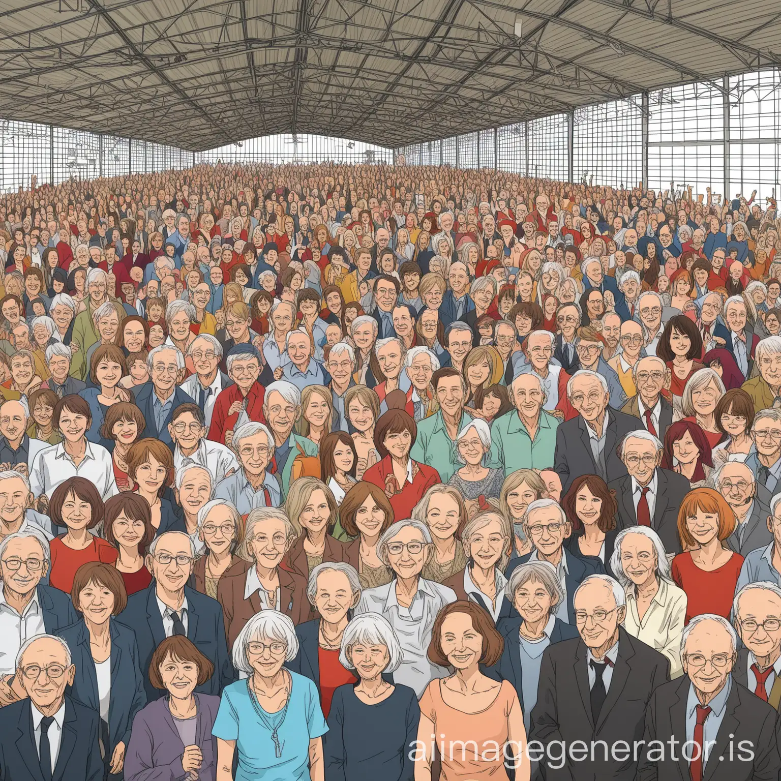 drawing representing a 70 people who are partying with all generations in a hangar in the morbihan